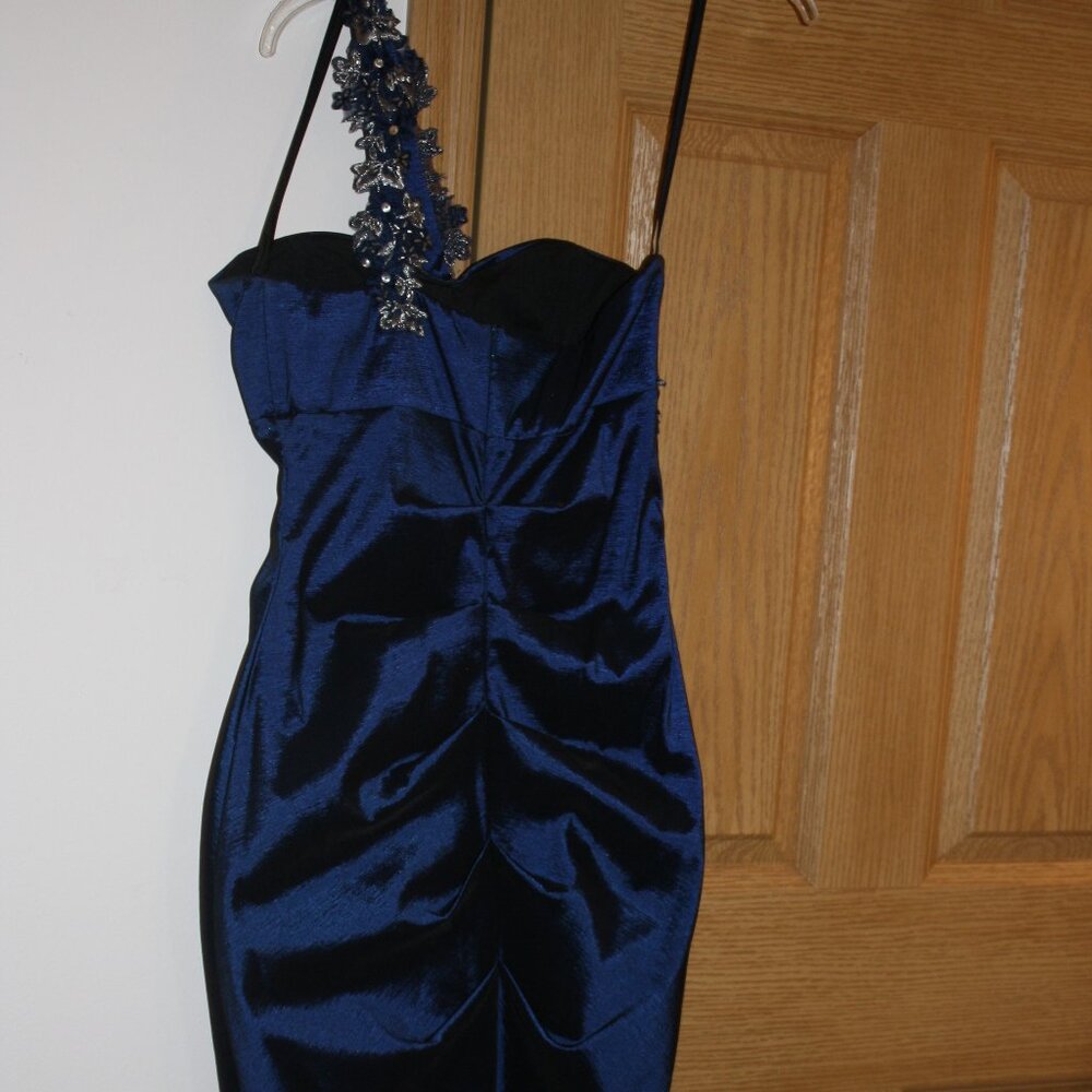 Xscape by Joanna Chen Blue Satin strapless short prom party dress size 8